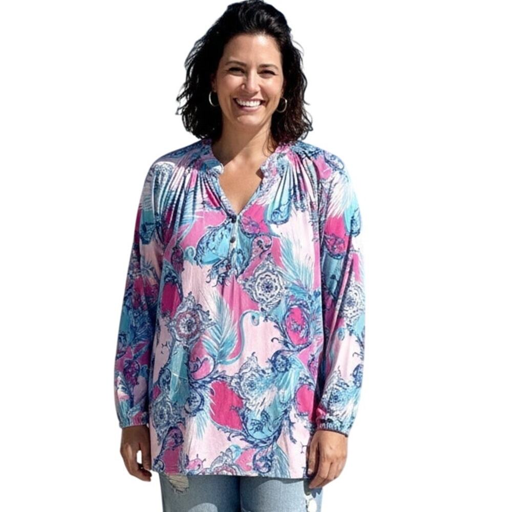 Belle by Kim Gravel Baroque Floral Top Womens Size 1X Blue Pink Knit Popover